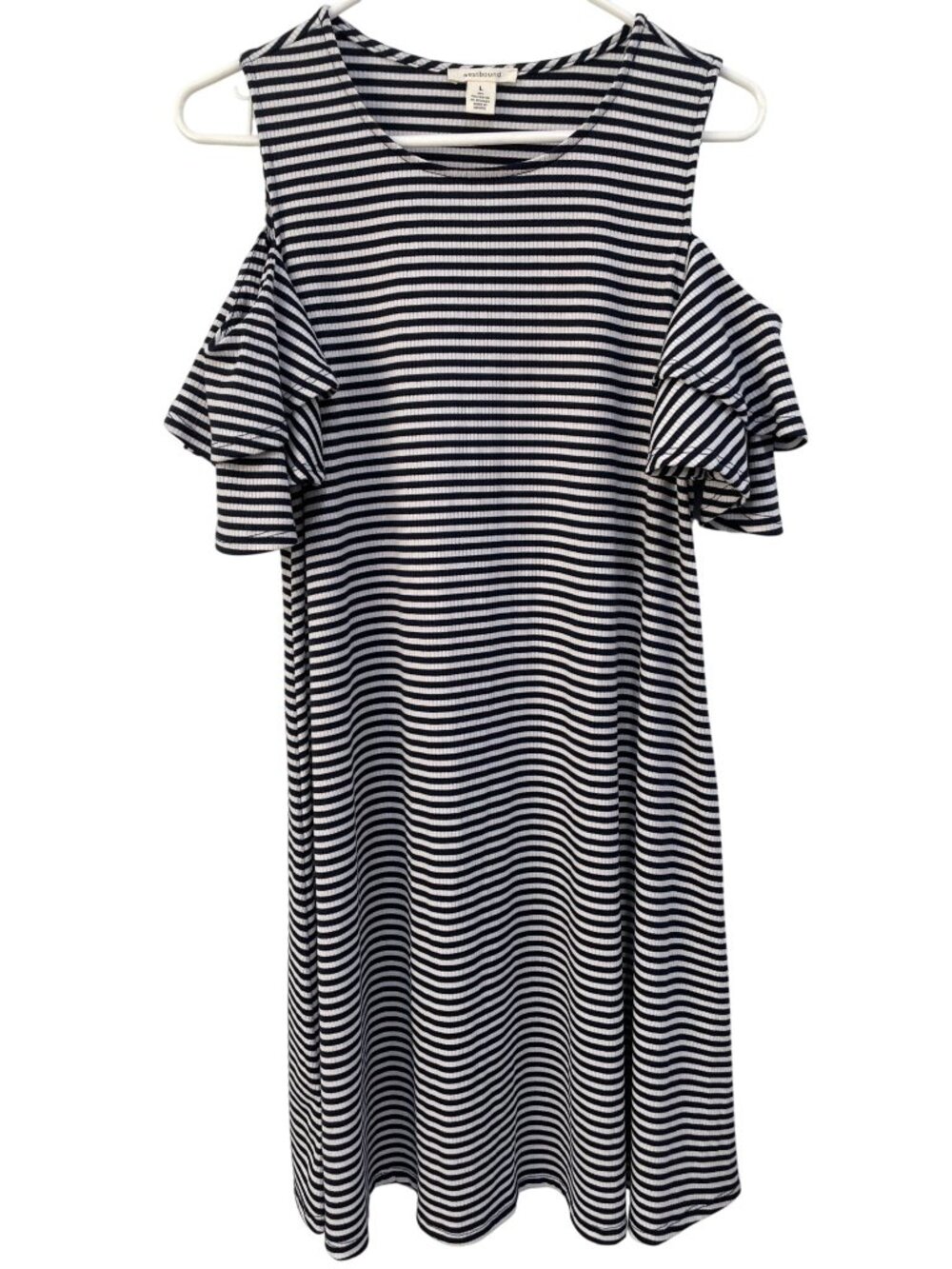 Westbound Dress Large Striped Cold Shoulder Knee Length Navy White Nautical Chic